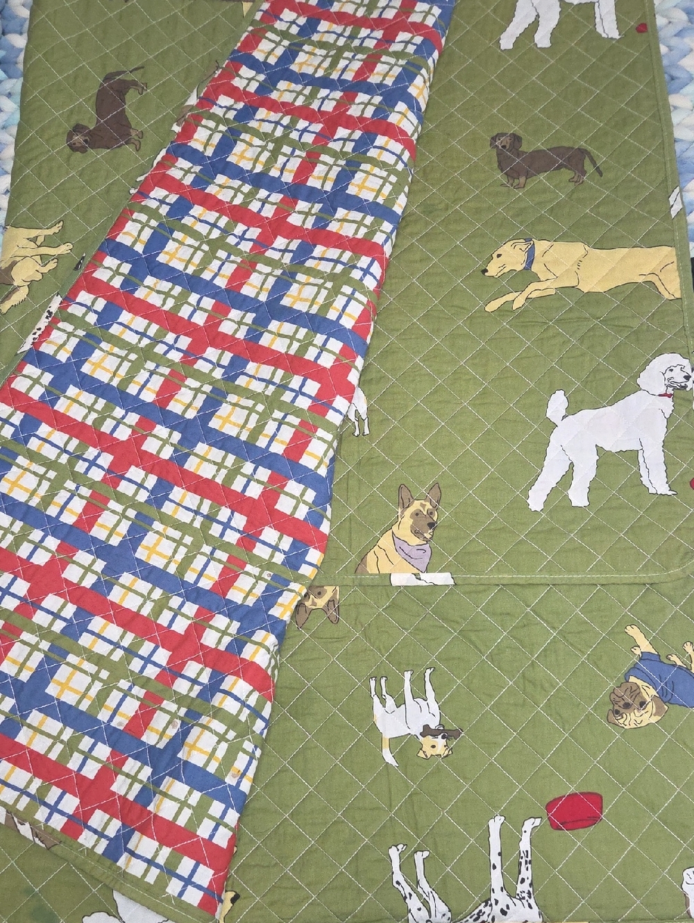 Quilted Dog Print Crate Cover in Olive Green with Plaid Reverse